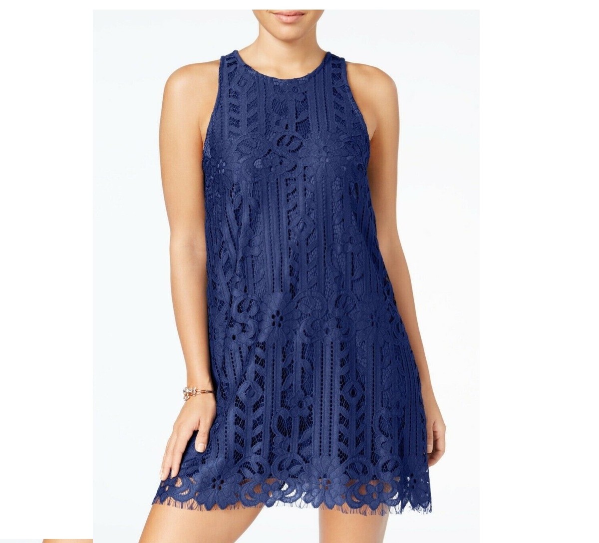 Speechless Junior Womens XXS Navy Blue Lined Lace Sheer Hem Shift 
