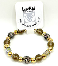 7" Gray Glass, Austrian Crystal  Pave Rhinestone Beaded Stretch Bracelet