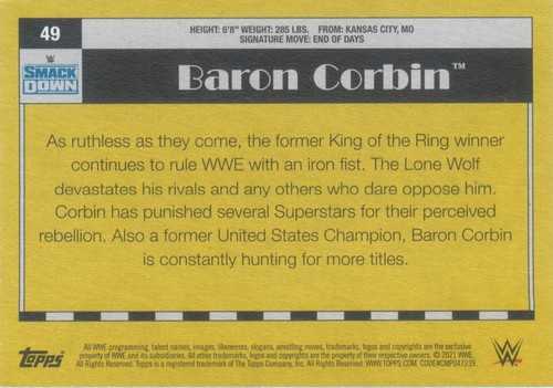 Baron Corbin 2021 Topps Heritage WWE SmackDown Wrestling Base Card #49 - Picture 2 of 2