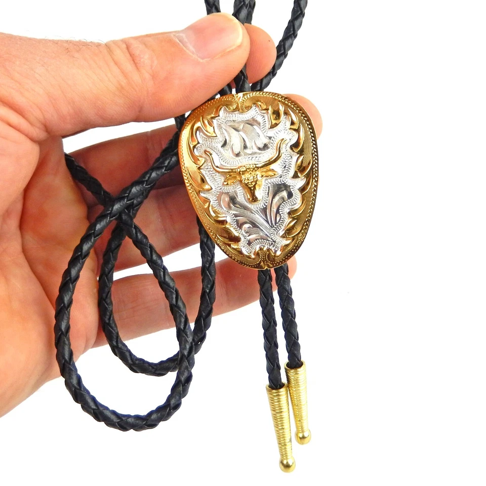 Corbata Longhorn Bolo Alemana Plata Tono Dorado Ajustable 36 pulgadas Hecha en EE. UU. Foto 4 de 4