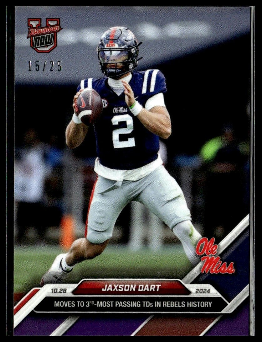 2024 Topps Bowman U Now 32 Jaxson Dart Ole Miss Rebels TDs Record Purple 15/25