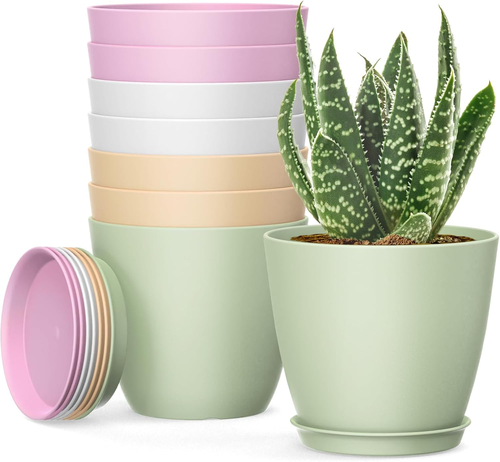 8Pack 4inch Small Nursery Plant Pots, Plastic Planters with Drainage Holes and S