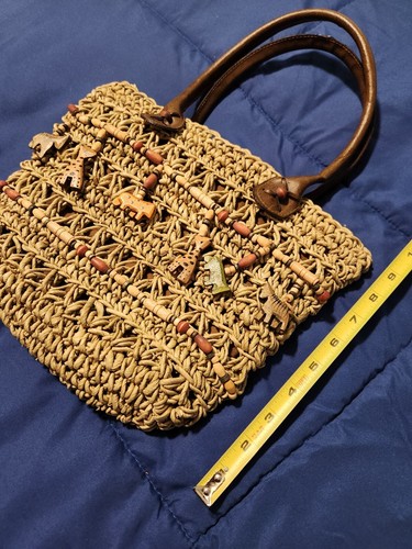 Straw Tote Bag with Wooden Safari Animal Beads, by Capelli Straworld - Picture 3 of 10