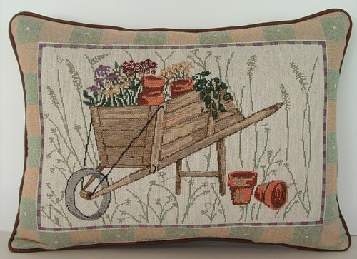 Gardening - Wooden Wheelbarrow w/ Spring Flower, Pots, Tapestry Pillow New - Picture 4 of 6