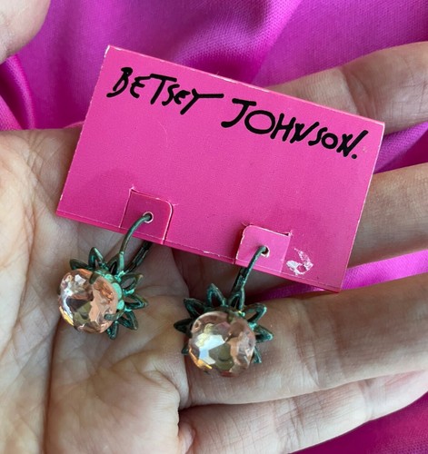 Betsey Johnson Patina Oxidized Copper Green Metal Flower Bronze Peach Earrings - Picture 2 of 2