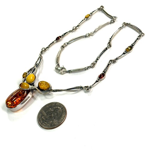 925 Solid Sterling Silver Multicolor Baltic Amber Designer Large Necklace 17 in - Picture 2 of 4