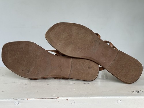 Seychelles Nice Try Brown Leather Square Toe Slip On Strappy Flat Sandal Size 7 - Picture 9 of 9