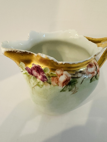 Limoges France T&V crema e zuccheriera aperta verde pallido bordo oro e fiori - Foto 15 di 16