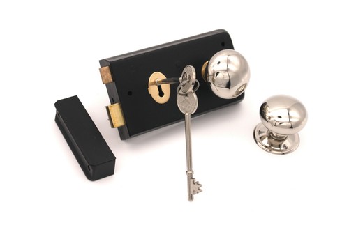 Altes viktorianisches schwarzes Türfelgenschloss und poliertes Nickel Landhaus Türgriffe Set (N) - Bild 7 von 7