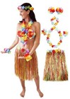 Grass Skirt & Flower Garlands Bra SET Hawaiian Tropical Fancy Dress Party 6Pcs 