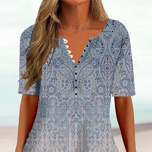 Women's Print V Neck Tunic Top Short Sleeve Casual Loose Blouse Tops T-Shirt - Picture 7 of 18