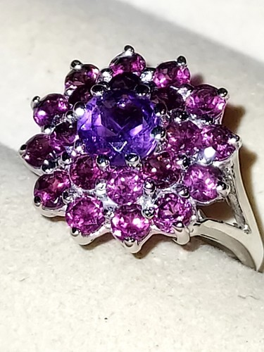 Amethyst 6mm, & Rhodolite Garnets, 14KWG Plate Sterling Silver 925, size 8 - Picture 15 of 15