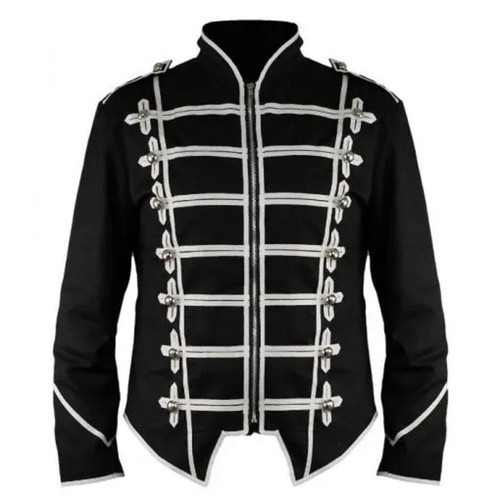 Handmade Men's Black Silver Parade Jacket Steampunk Military Punk Rock - Picture 9 of 9