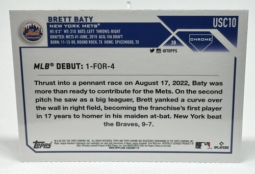 Brett Baty 2023 Topps Chrome Update #USC10 Rookie Debut New York Mets - Picture 2 of 2