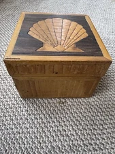 Vintage Philippines Scallop Shell Tropical Wood Inlay 3.25” Trinket Box