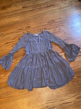 American Eagle Tunic Womens Medium Blue Lace Insert Tiered Bell Long Sleeve Boho