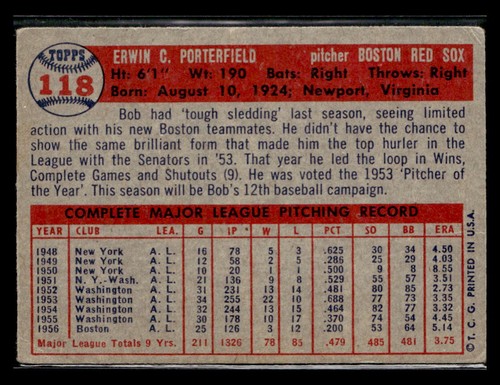 1957 Topps Baseball #118 Bob Porterfield Card - VG #5261 - Picture 2 of 2