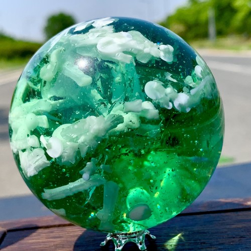 436G Transparent green crystal ball with feather crystal mineral sphere - Picture 16 of 24