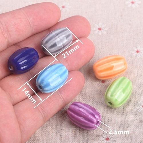 5pcs Oval Pumpkin Shape 21x14mm Handmade Glossy Glazed Ceramic Porcelain Beads - Picture 3 of 9