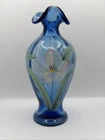 Fenton Art Glass Twilight Blue Transparent Tulip Vase Handpainted & Signed