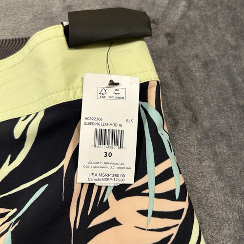 Volcom Mod Tech Board Shorts Mens 30" Black Lime Floral Drawstring Hybrid NEW - Picture 5 of 12
