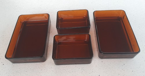 4 Bols Verre Brun Ambre Rectangle Vereco France Brown Amber Glass Bowls Vintage - Bild 7 von 23