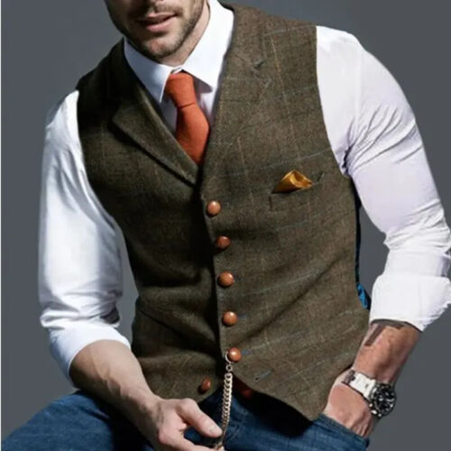 Mens Tweed Lapel Vest Jacket Herringbone Waistcoat Casual Formal Sleeveless Tops - Picture 27 of 31