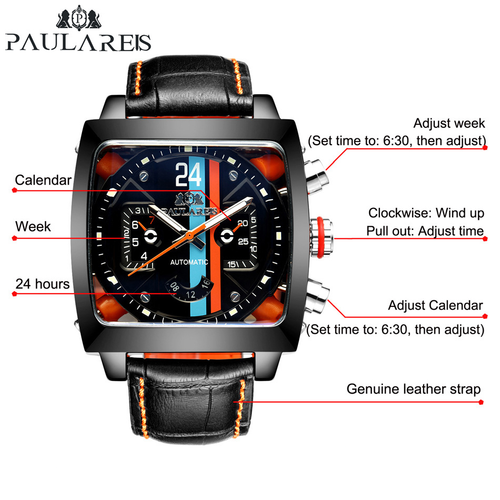 Men's Watch Square Sports Leather Band Waterproof Mechanical Automatic Self-Wind - Picture 9 of 24