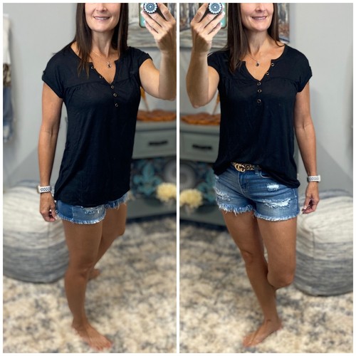 Sheer Top Womens Medium Black Burnout V Neck Henley V Neck Short Tab Sleeve - Picture 11 of 11