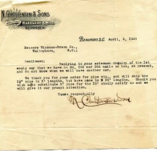  1920 N CHRISTENSON & SONS BEAUFORT SC HARDWARE & MILL SUPPLY ILLUS  LETTERHEAD