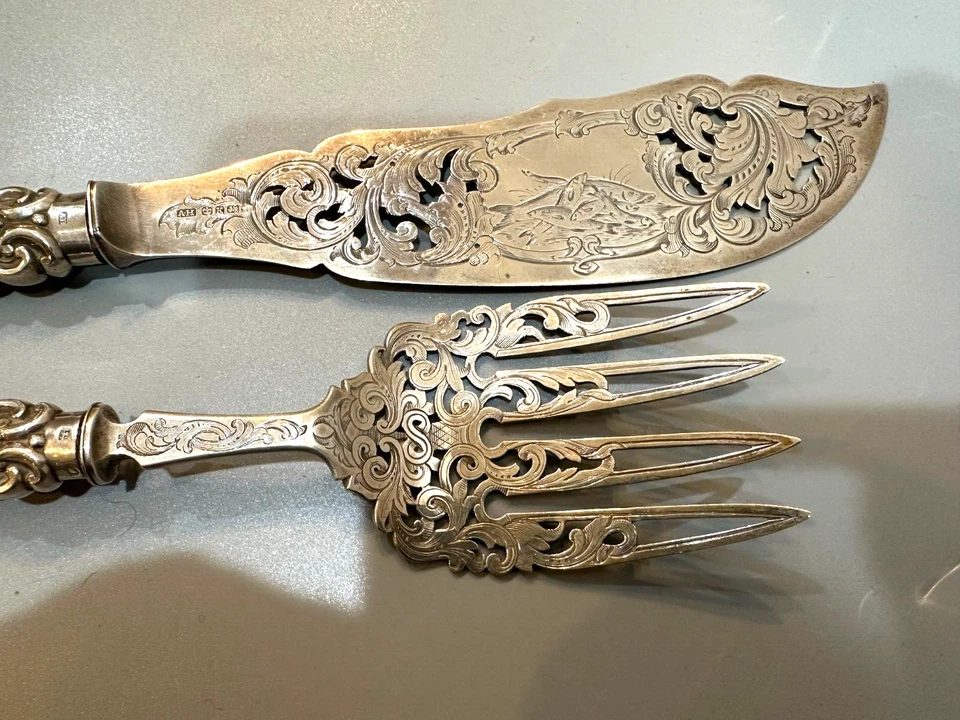 Cuchillo Inglaterra 318 gr tenedor de 10,5 pulgadas para servir pescado de plata esterlina de colección de 13,25 pulgadas Foto 3 de 4
