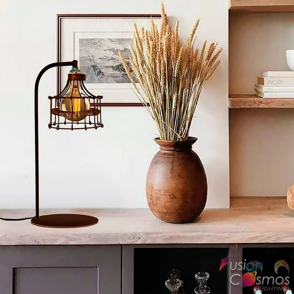 Abajur de mesa gaiola de arame industrial vintage cor ferrugem - decoração rústica antiga clara - Imagem 4 de 4