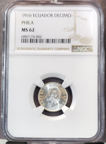 1916 ECUADOR SILVER DECIMO ANTONIO JOSE DE SUCRE NGC MS 62 BRIGHT LUSTER - Picture 1 of 3
