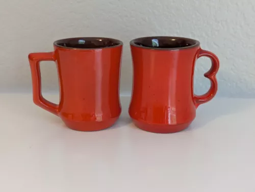 Vintage Pair Frankoma Pottery Coffee Cup Mugs C9 & C5 RED/ ORANGE 