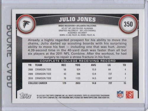 JULIO JONES ROOKIE CARD Altanta Falcons 2011 Topps Football RC Crimson Tide Star - Bild 2 von 2