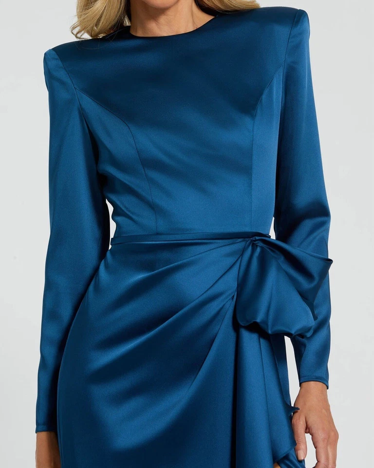 Mac Duggal Ieena 10 Long Sleeve Structured Bow Draped Gown Blue 26676 NWT Flaw - Image 2 of 4