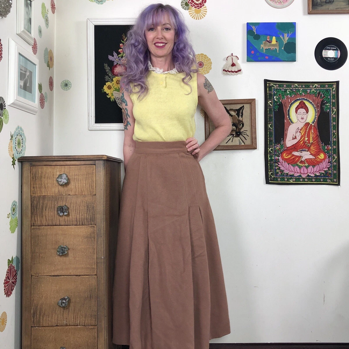Vintage Wool Midi Skirt, 1960s High Waist Camel Colored Wool Skirt Size XS  | eBay