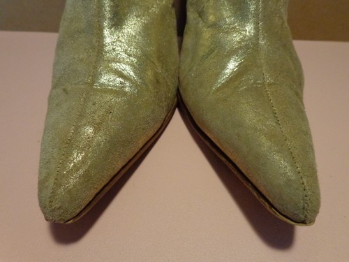 Colin Stuartđź’—Vintage-Skinny Leg-Gold Pointy Toe Suede 4"Heel Knee Bootsđź’—Sz 7 - Picture 8 of 14