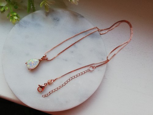 Opal Halskette Rosegold Halskette mit Feueropal Anhänger Rose Opal Edelstahl - Bild 6 von 13