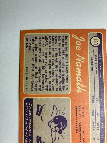 1970 TOPPS #150 JOE NAMATH JETS - Picture 8 of 12