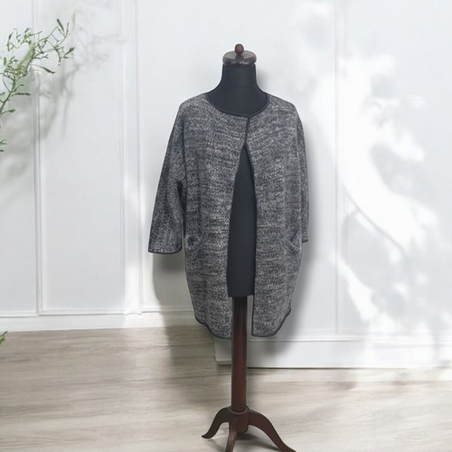 Manteau COS gris 100% laine Lagenlook gris chiné bordure cuir coatigan oversize S