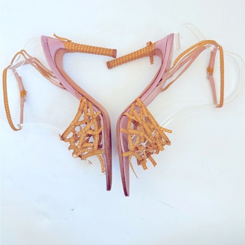 Cravatta Prada vintage liliaca oro raso pelle fiocco gabbia intorno alla caviglia tacchi EU 37 - Foto 3 di 7