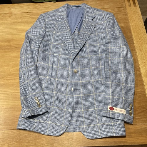 Jaeger Men's 40 R Blue Check Linen Blend Silk Blazer Jacket Maling & Evan’s - Picture 7 of 22