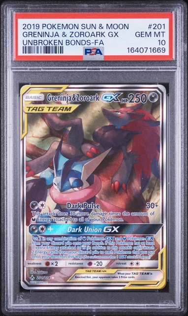 2019 POKEMON SUN & MOON UNBROKEN BONDS FULL ART/GRENINJA & ZOROARK GX PSA 10