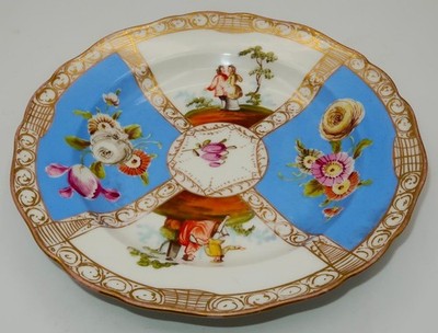 Meissen Crossed Swords Mark Blue Panels Watteau Scenes Plate, 7 3/4''