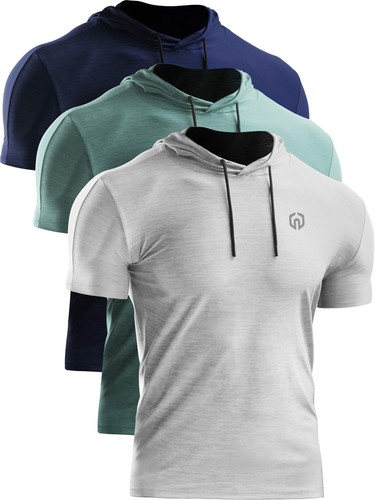 Men's 3 Pack Dry Fit Running Shirt Workout Athletic Shirt with Hoods,Navy Blu...