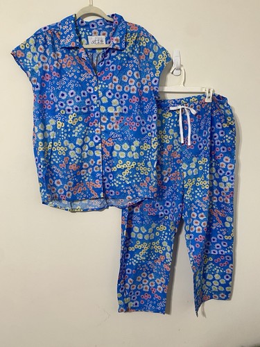 The Cats Schlafanzug Set Blau Kurzarm Blumen Capri Größe Extra Large XL Baumwolle