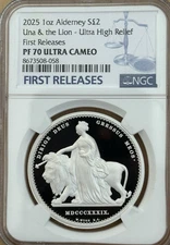2025 Alderney UNA and LION 1oz Silver Proof Ultra High Relief First Rel NGC PF70