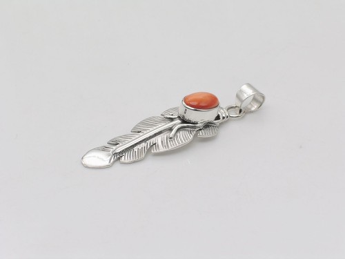 Navajo Sterling Silver and Orange Spiny Oyster Handmade Feather Pendant - Picture 4 of 7