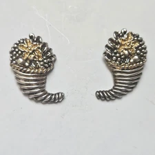  Goldtone & Silvertone Cornucopia Horn of Plenty Thanksgiving Earrings Signed MJ